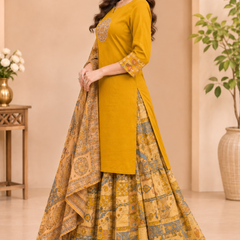 Women Yellow    Embroidered Kurta Set with Palazzo  & Matching Dupatta – Traditional Festive Ethnic Wear