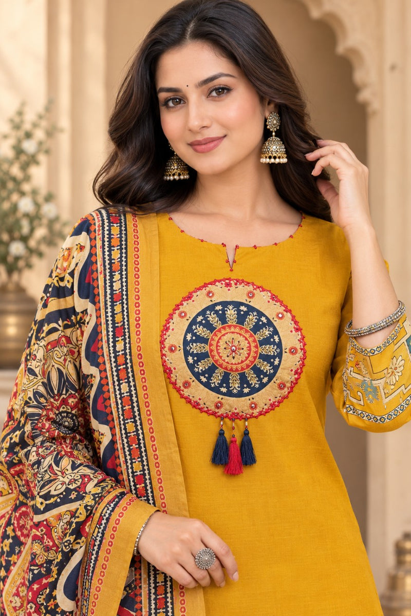 Women Yellow   Embroidered Kurta Set with Palazzo Pants & Matching Dupatta – Traditional Festive Ethnic Wear