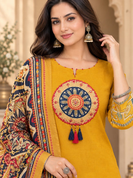 Women Yellow   Embroidered Kurta Set with Palazzo Pants & Matching Dupatta – Traditional Festive Ethnic Wear