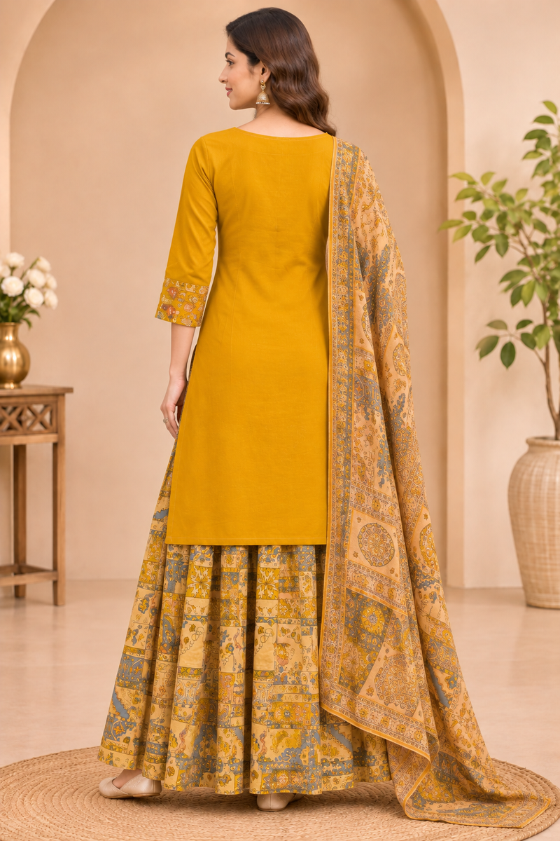 Women Yellow    Embroidered Kurta Set with Palazzo  & Matching Dupatta – Traditional Festive Ethnic Wear