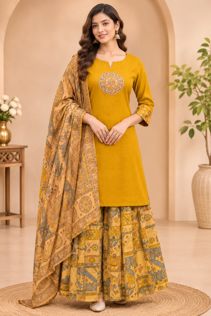 Women Yellow    Embroidered Kurta Set with Palazzo  & Matching Dupatta – Traditional Festive Ethnic Wear