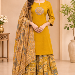 Women Yellow    Embroidered Kurta Set with Palazzo  & Matching Dupatta – Traditional Festive Ethnic Wear