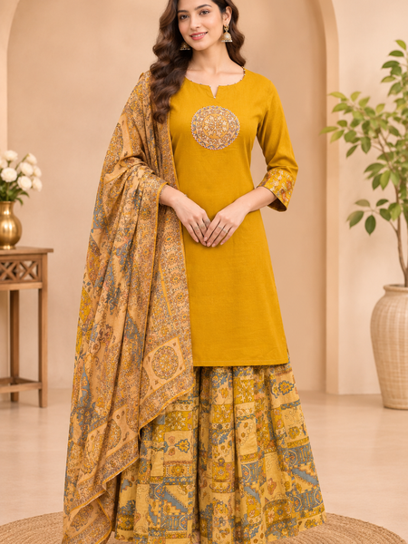 Women Yellow    Embroidered Kurta Set with Palazzo  & Matching Dupatta – Traditional Festive Ethnic Wear