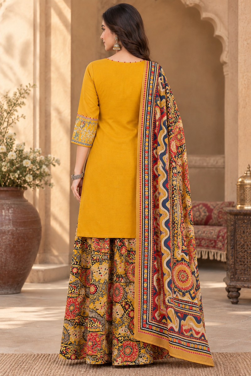 Women Yellow   Embroidered Kurta Set with Palazzo Pants & Matching Dupatta – Traditional Festive Ethnic Wear