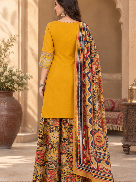 Women Yellow   Embroidered Kurta Set with Palazzo Pants & Matching Dupatta – Traditional Festive Ethnic Wear