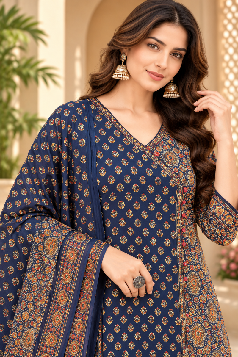 Women’s Blue  Embroidered Kurta Set with Palazzo Pants & Matching Dupatta – Traditional Festive Ethnic Wear