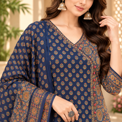 Women’s Blue  Embroidered Kurta Set with Palazzo Pants & Matching Dupatta – Traditional Festive Ethnic Wear