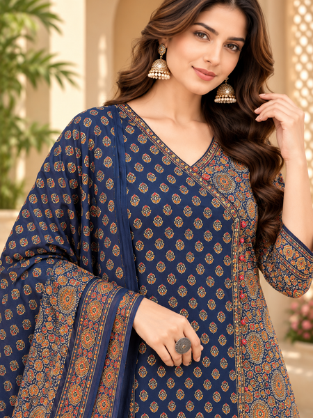 Women’s Blue  Embroidered Kurta Set with Palazzo Pants & Matching Dupatta – Traditional Festive Ethnic Wear