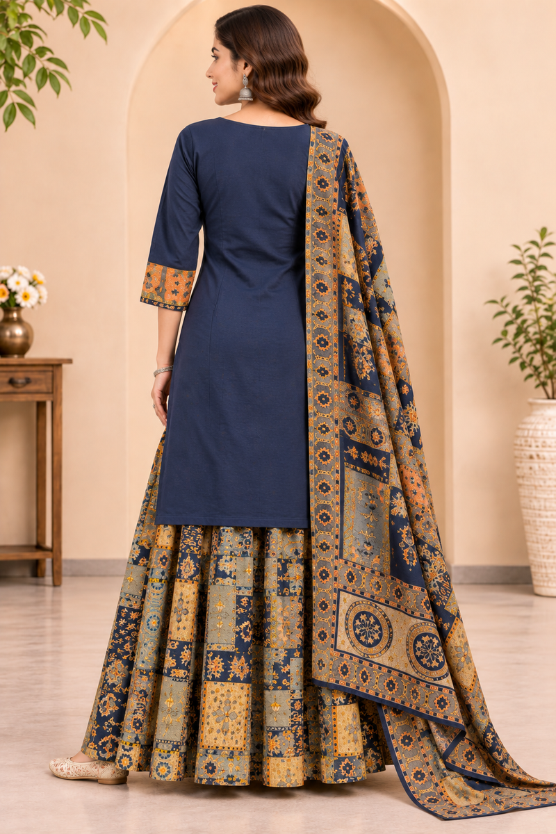 Women blue    Embroidered Kurta Set with Palazzo  & Matching Dupatta – Traditional Festive Ethnic Wear
