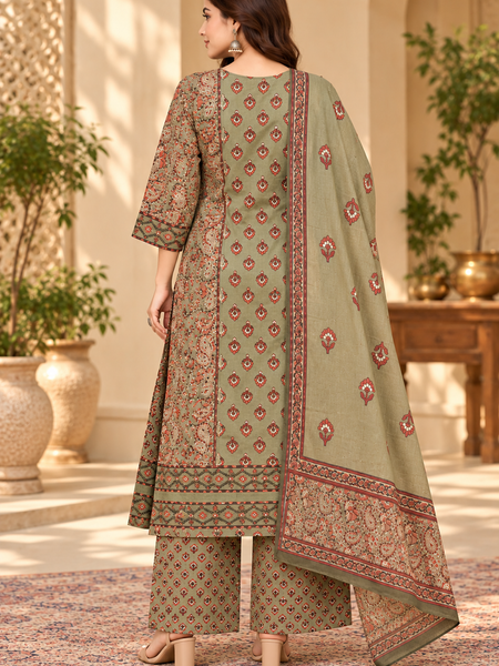 Women’s Green printed  Kurta Set with Palazzo Pants & Matching Dupatta – Traditional Festive Ethnic Wear