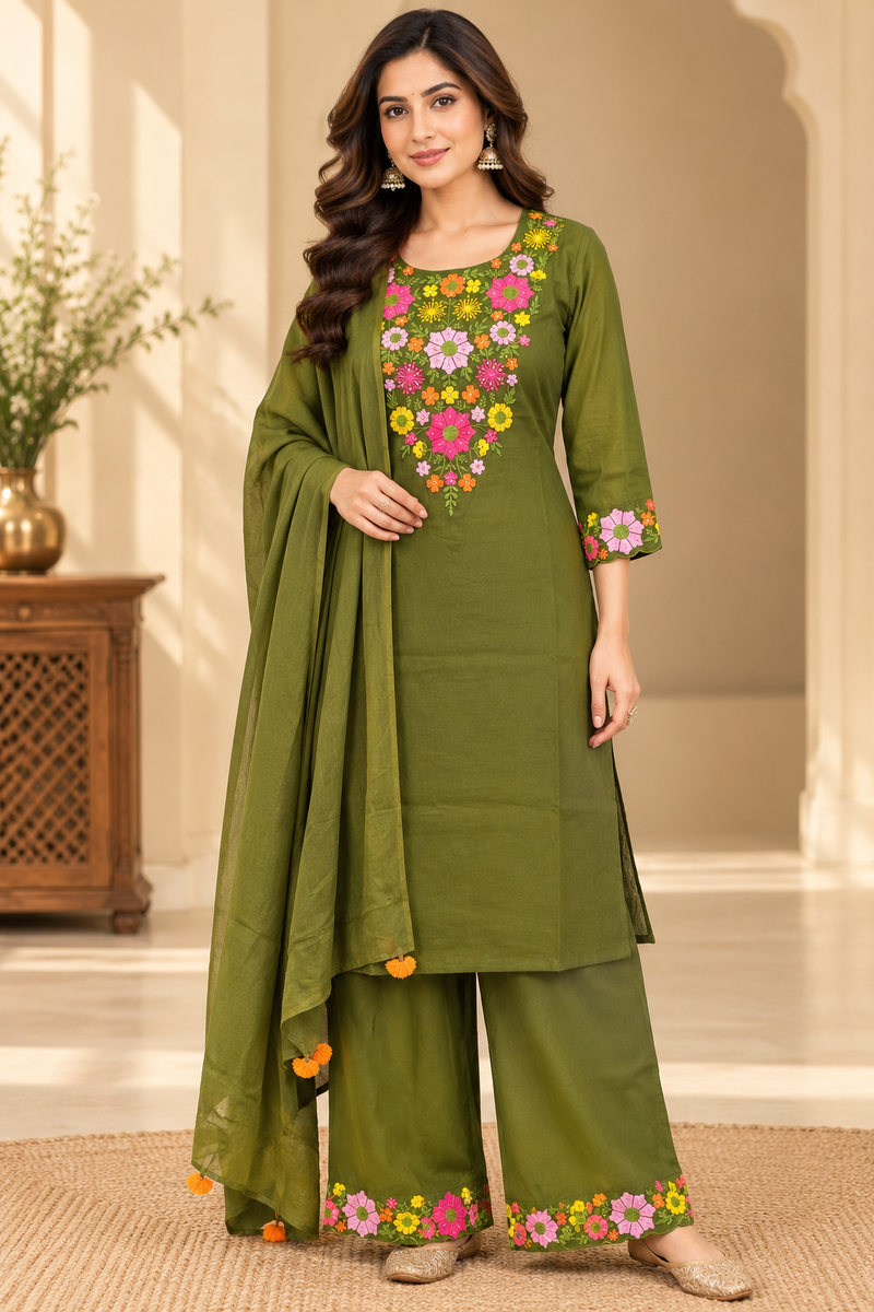 Women’s Turquoise blue    Embroidered Kurta Set with Palazzo Pants & Matching Dupatta – Traditional Festive Ethnic Wear