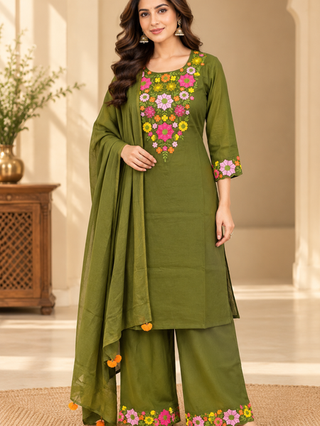 Women’s Turquoise blue    Embroidered Kurta Set with Palazzo Pants & Matching Dupatta – Traditional Festive Ethnic Wear