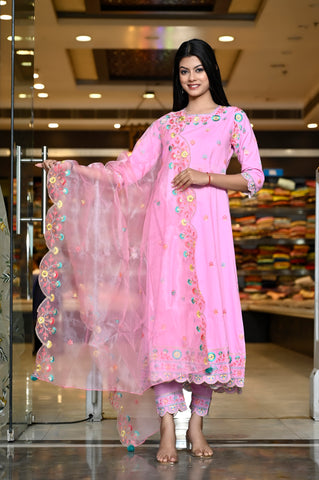 RAMA'S Solid Pink Embroidery Rayon Ethnic Anarkali Set With Dupatta