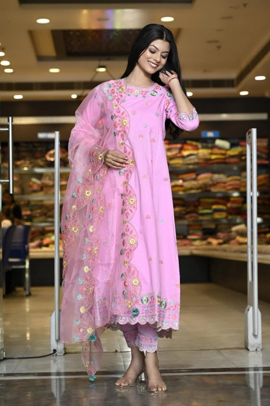 RAMA'S Solid Pink Embroidery Rayon Ethnic Anarkali Set With Dupatta