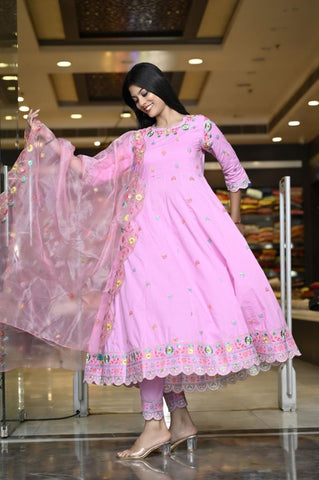 RAMA'S Solid Pink Embroidery Rayon Ethnic Anarkali Set With Dupatta