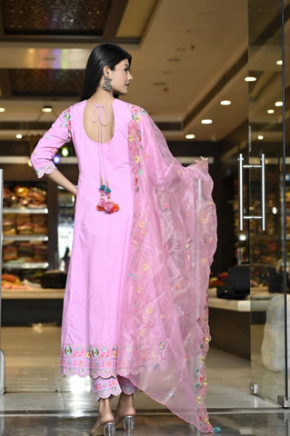 RAMA'S Solid Pink Embroidery Rayon Ethnic Anarkali Set With Dupatta