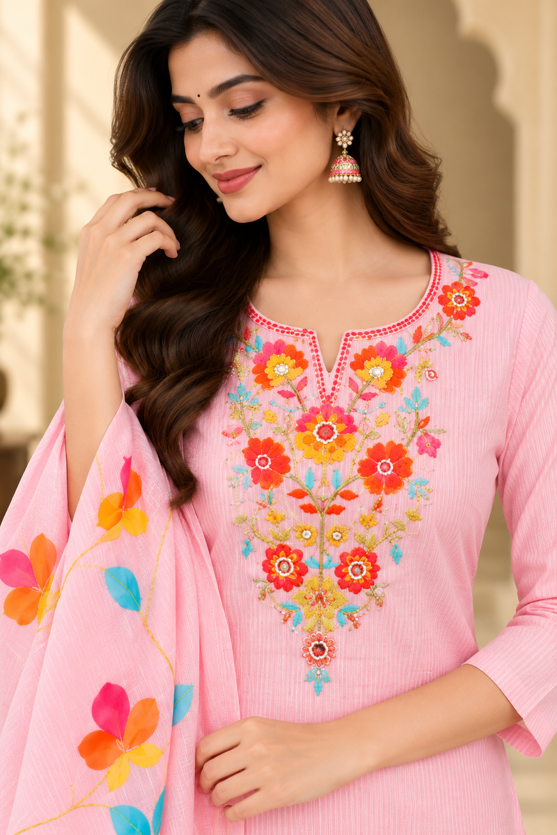 Women’s  pink Embroidered Kurta Set with Palazzo Pants & Matching Dupatta – Traditional Festive Ethnic Wear