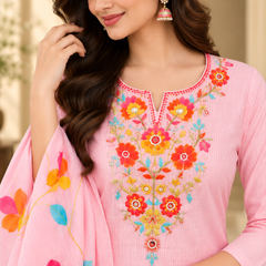 Women’s  pink Embroidered Kurta Set with Palazzo Pants & Matching Dupatta – Traditional Festive Ethnic Wear