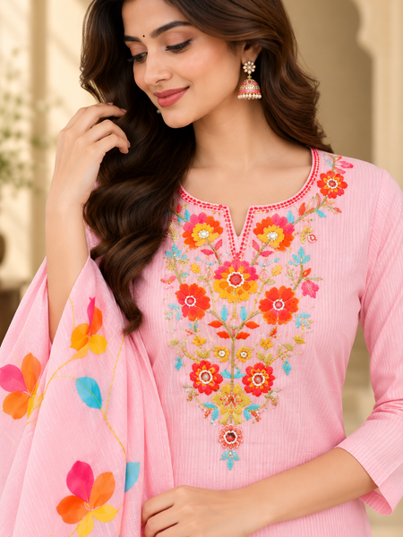 Women’s  pink Embroidered Kurta Set with Palazzo Pants & Matching Dupatta – Traditional Festive Ethnic Wear