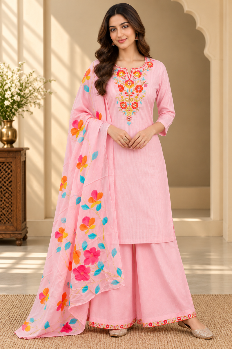 Women’s  pink Embroidered Kurta Set with Palazzo Pants & Matching Dupatta – Traditional Festive Ethnic Wear