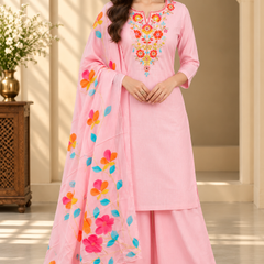 Women’s  pink Embroidered Kurta Set with Palazzo Pants & Matching Dupatta – Traditional Festive Ethnic Wear