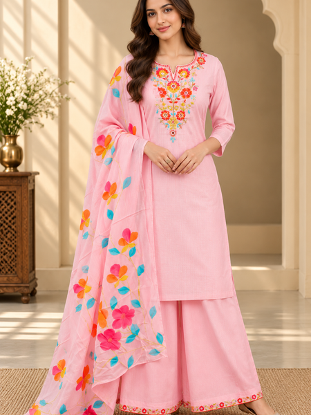 Women’s  pink Embroidered Kurta Set with Palazzo Pants & Matching Dupatta – Traditional Festive Ethnic Wear