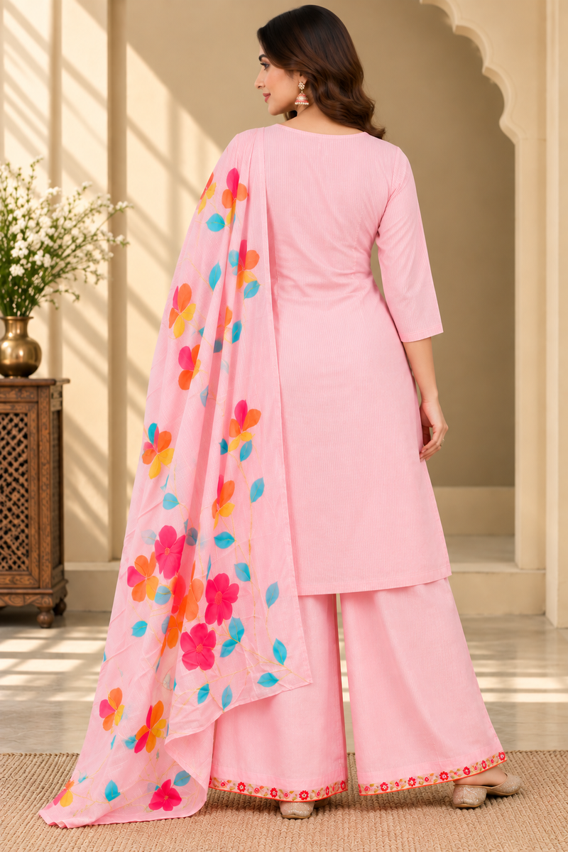 Women’s  pink Embroidered Kurta Set with Palazzo Pants & Matching Dupatta – Traditional Festive Ethnic Wear