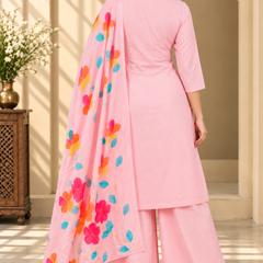 Women’s  pink Embroidered Kurta Set with Palazzo Pants & Matching Dupatta – Traditional Festive Ethnic Wear