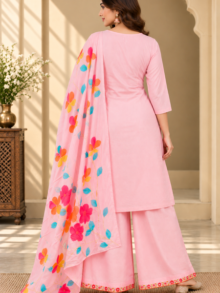 Women’s  pink Embroidered Kurta Set with Palazzo Pants & Matching Dupatta – Traditional Festive Ethnic Wear