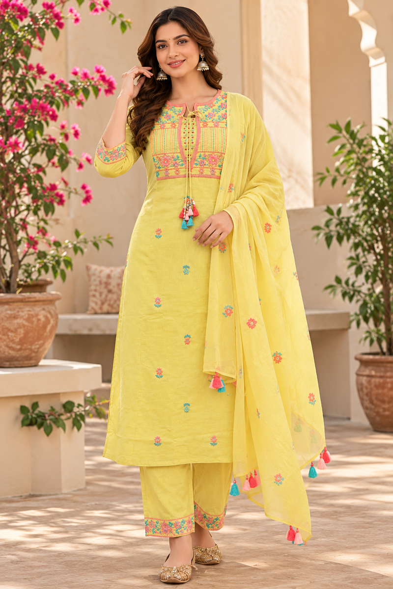 Women’s Yellow   Embroidered Kurta Set with  Pants & Matching Dupatta – Traditional Festive Ethnic Wear