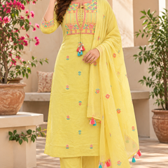 Women’s Yellow   Embroidered Kurta Set with  Pants & Matching Dupatta – Traditional Festive Ethnic Wear