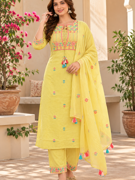 Women’s Yellow   Embroidered Kurta Set with  Pants & Matching Dupatta – Traditional Festive Ethnic Wear
