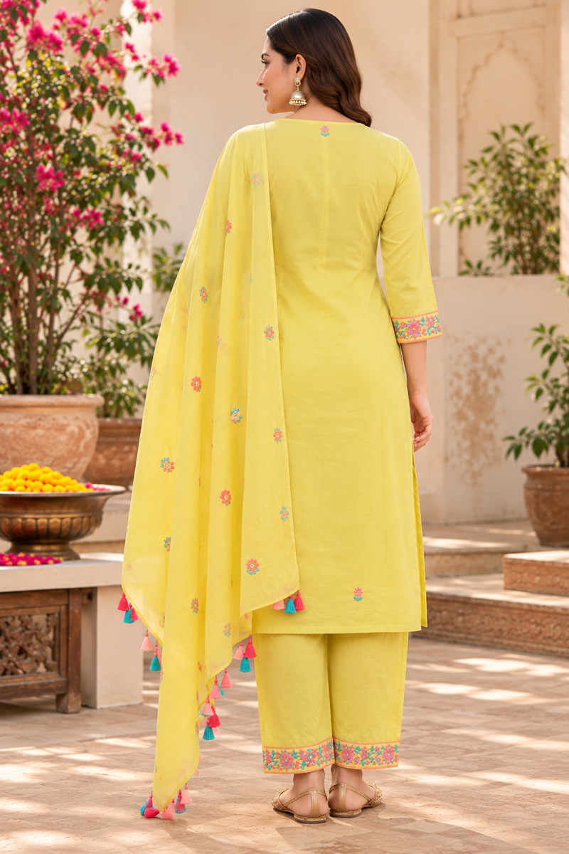 Women’s Yellow   Embroidered Kurta Set with  Pants & Matching Dupatta – Traditional Festive Ethnic Wear