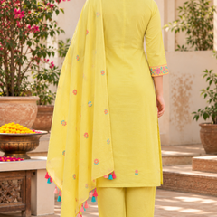 Women’s Yellow   Embroidered Kurta Set with  Pants & Matching Dupatta – Traditional Festive Ethnic Wear