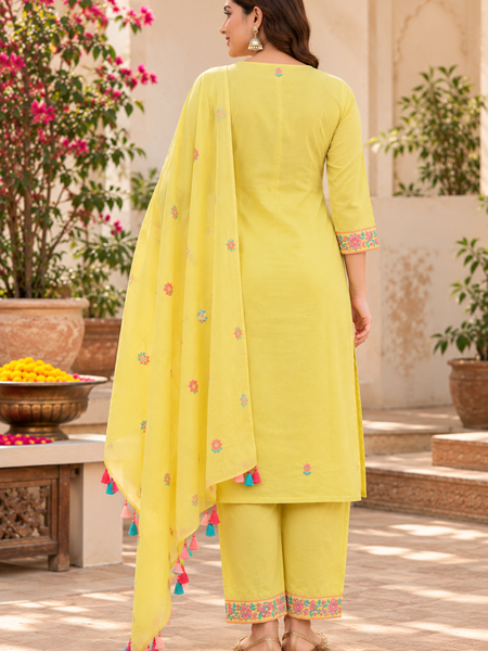Women’s Yellow   Embroidered Kurta Set with  Pants & Matching Dupatta – Traditional Festive Ethnic Wear
