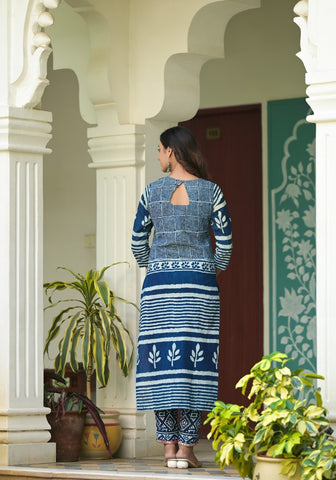 RAMA'S Blue Ethnic Motif Printed Straight Pure Cotton Thread Work Kurta With Pant