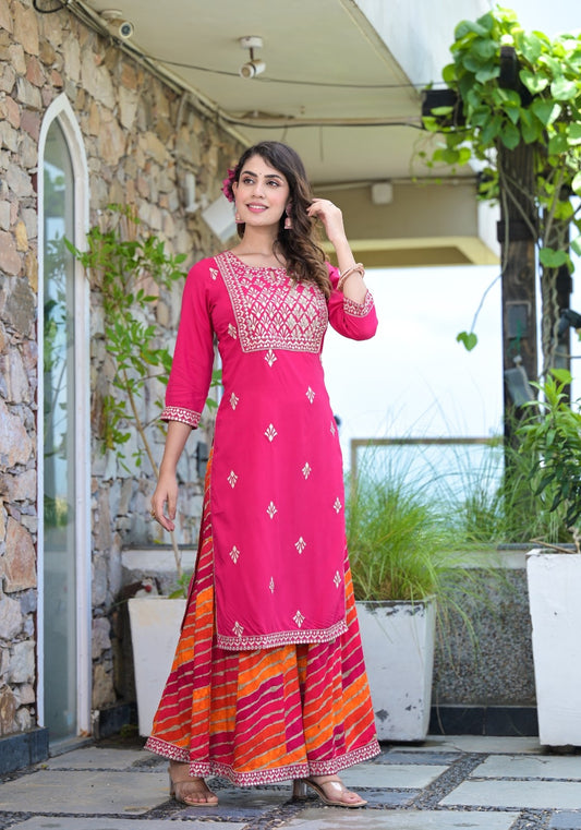 Women Pink Color Embroidery Embellished kurta With Lehriya Sharara set