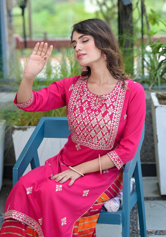 Women Pink Color Embroidery Embellished kurta With Lehriya Sharara set