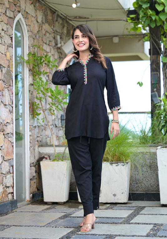 Women Black Color Embroidery short Kurta