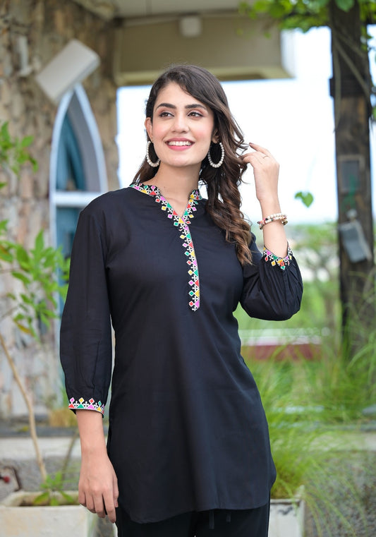 Women Black Color Embroidery short Kurta