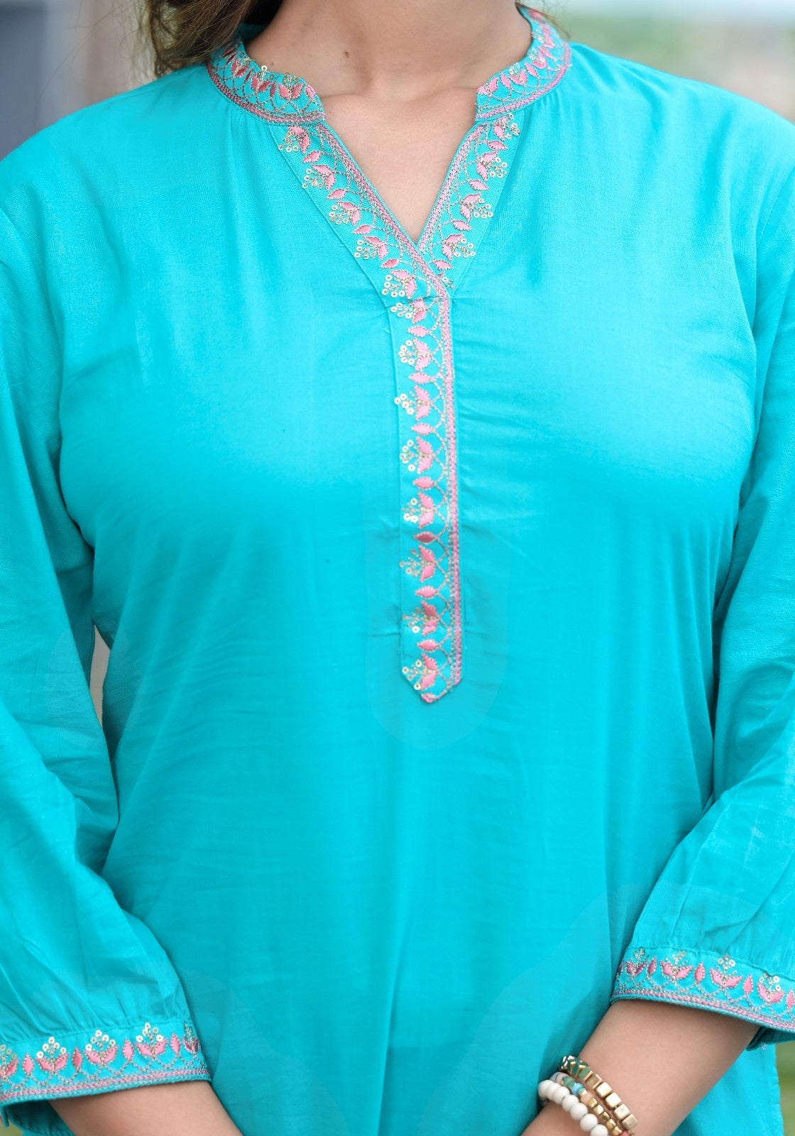 Women Turquoise Blue Color Embroidery short Kurta
