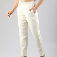 Women  White Regular Cotton Trousers