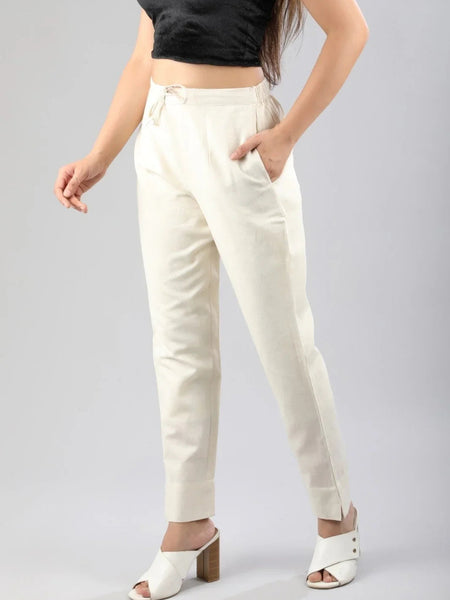 Women  White Regular Cotton Trousers