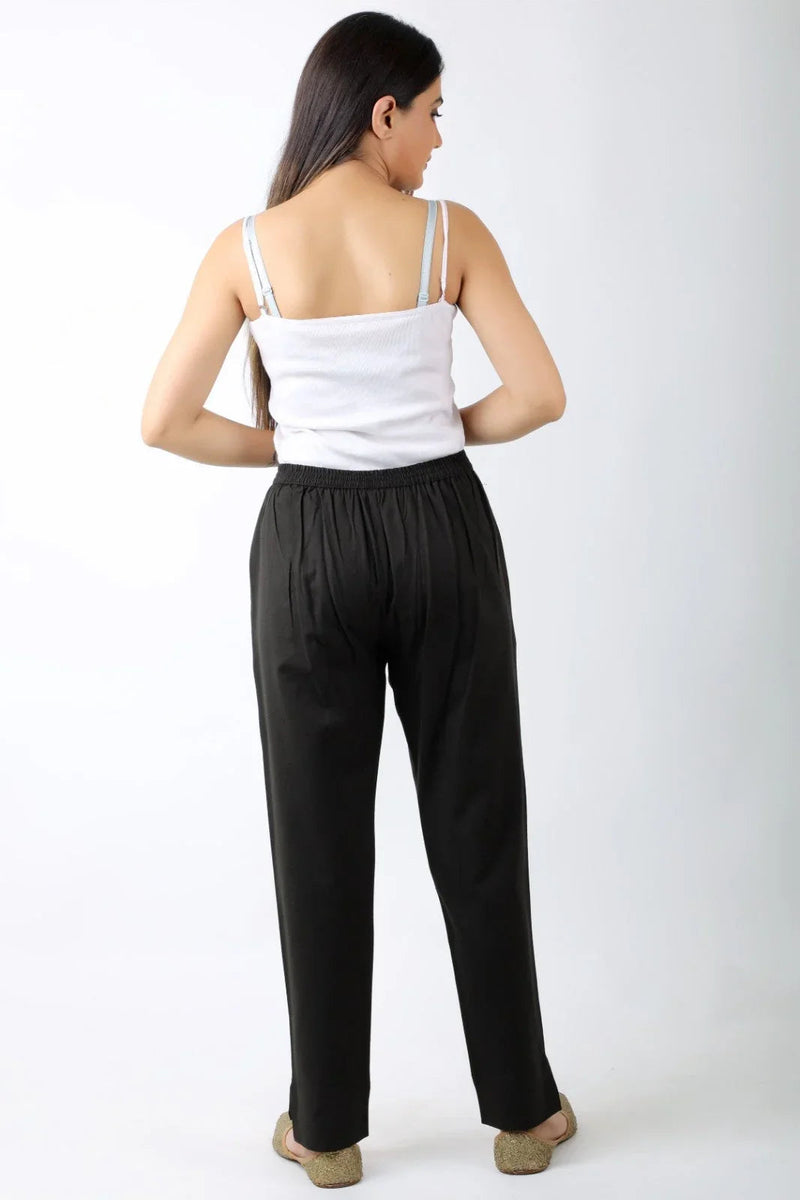 Women Solid Black Regular Cotton Trousers