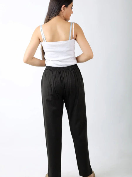 Women Solid Black Regular Cotton Trousers