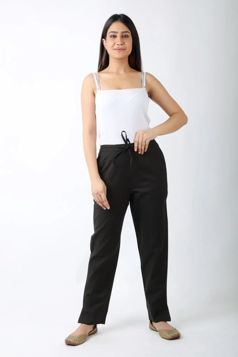 Women Solid Black Regular Cotton Trousers