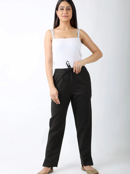 Women Solid Black Regular Cotton Trousers