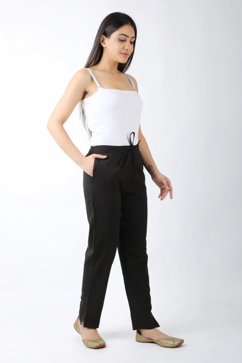 Women Solid Black Regular Cotton Trousers