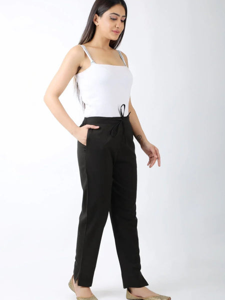 Women Solid Black Regular Cotton Trousers