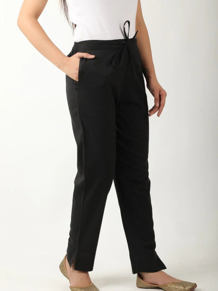 Women Solid Black Regular Cotton Trousers